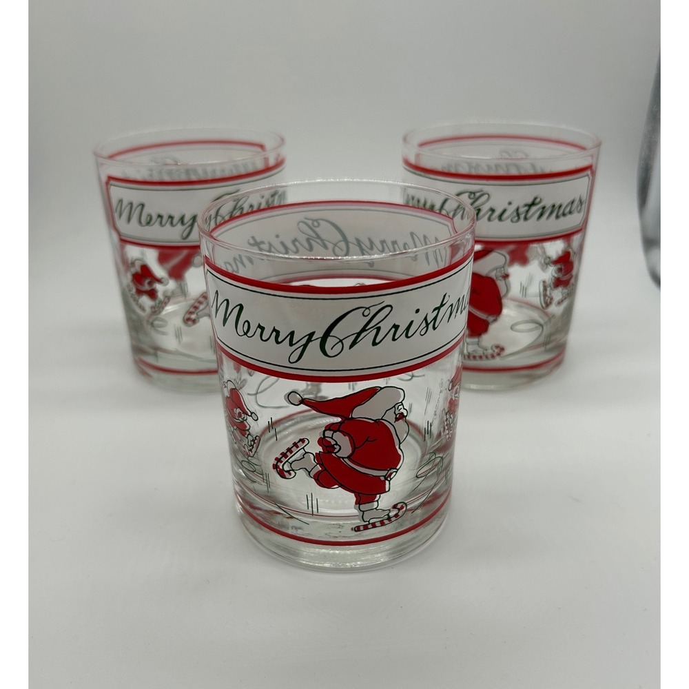 Georges Briard Christmas Rocks Glasses Set of 3‎ Clear Red Green Skating Santa